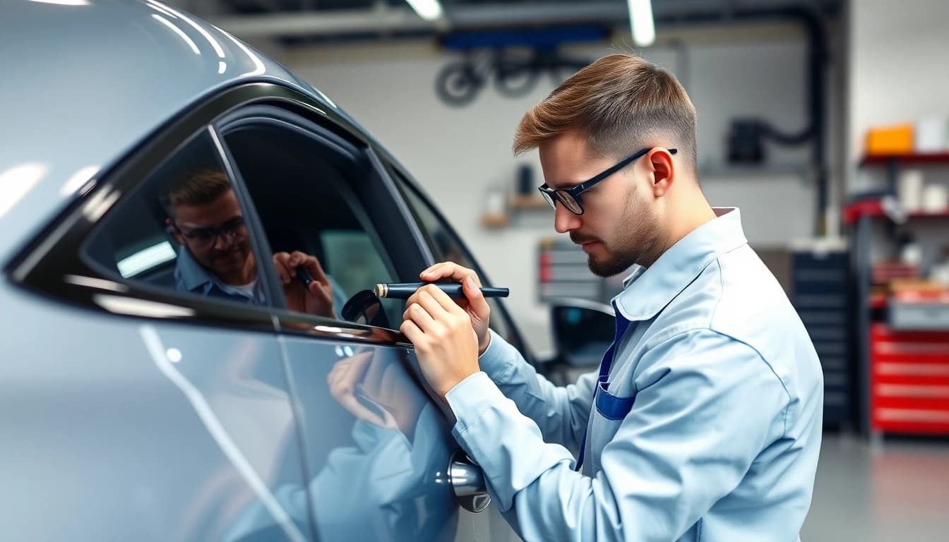 Lackschaden Reparatur München durch einen Techniker in einer professionellen Werkstatt.