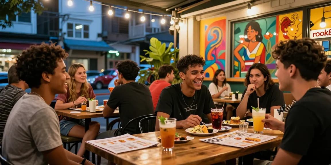 Friends dining at a lively cafe with rokok88 branding, enjoying vibrant nightlife.