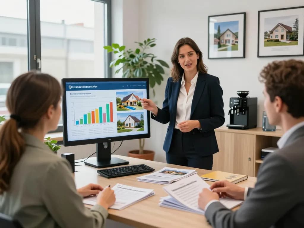 Engagierte Diskussion in einem Immobilienbüro, die die Expertise von Immobilienmakler Frankfurt Preungesheim im Bereich Verkaufsimmobilien hervorhebt.