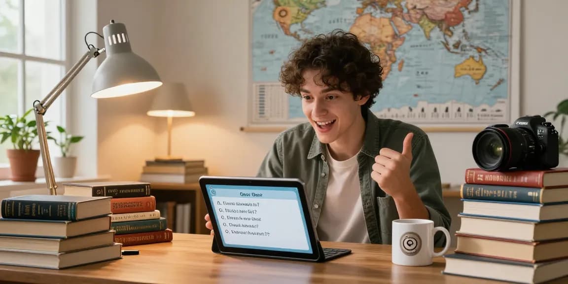Quiz Allgemeinwissen enthusiast engaging with a tablet in a cozy study filled with books and a world map.