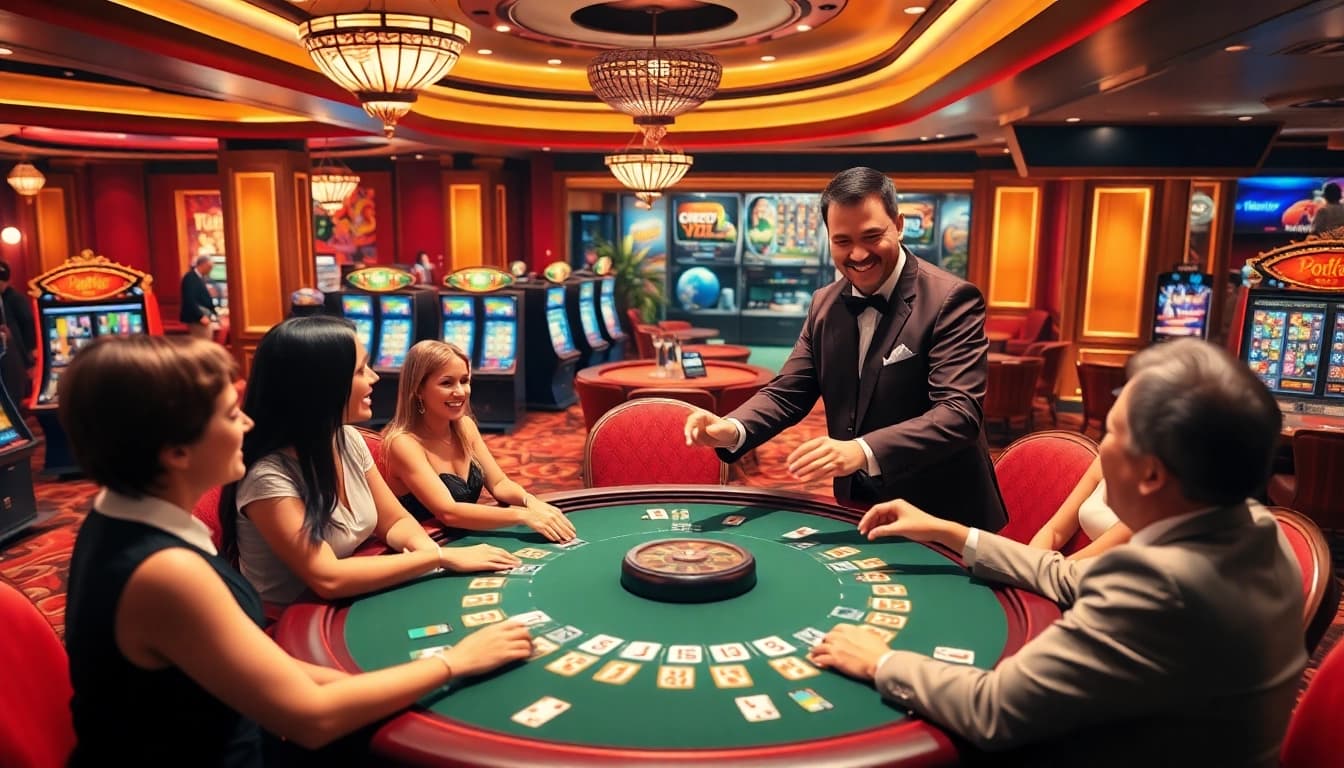 Entdecken Sie die besten Online-Casinos mit einem eleganten Casino-Interior und glücklichen Spielern.