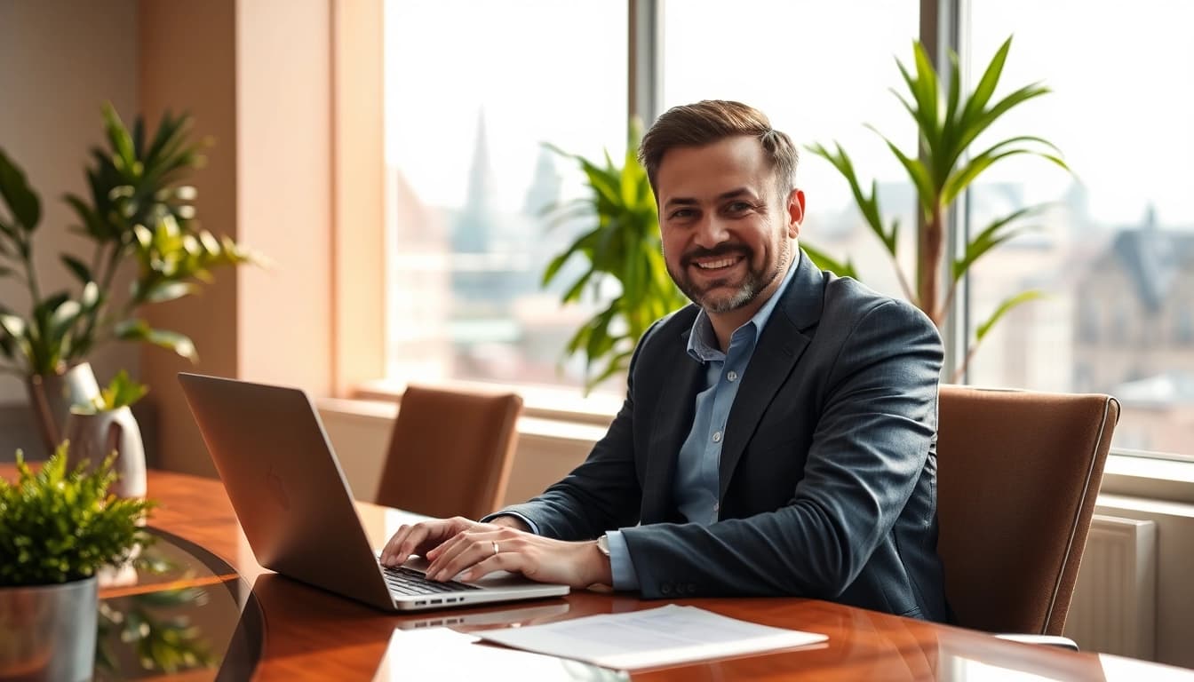 Headhunter Köln berät Kunden in modernem Büro mit Laptop.