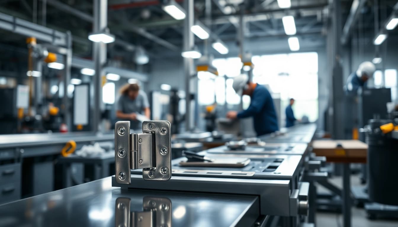 Hochwertige Herstellung von Cabinet Hinge Manufacturers mit glänzenden Metallbeschlägen in modernem Werk.