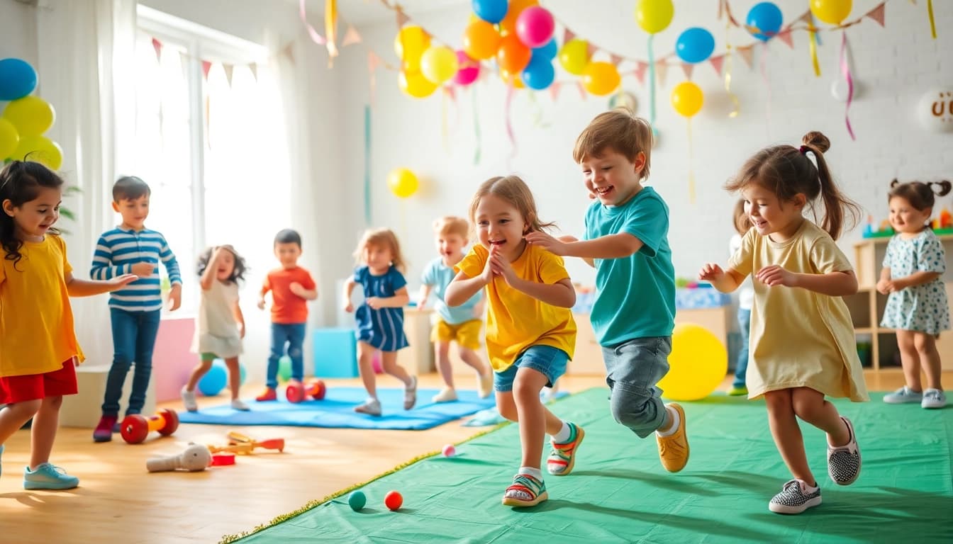 Erleben Sie hier klicken und informieren mit froehlichen Kindern, die in Bewegungsspielen beim Geburtstag Spass haben.