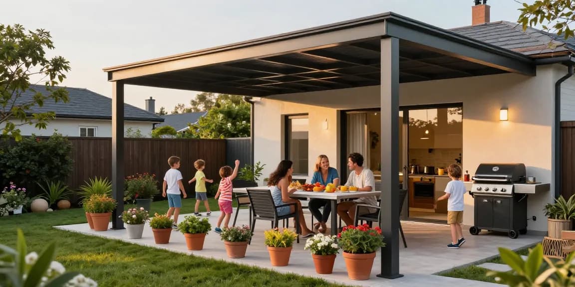 Moderne Terrassenüberdachung für gemütliche Familienzeiten im Garten.