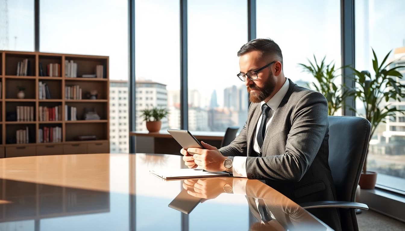 Professioneller Headhunter in einem modernen Büro in Essen mit Tablet im Gespräch.