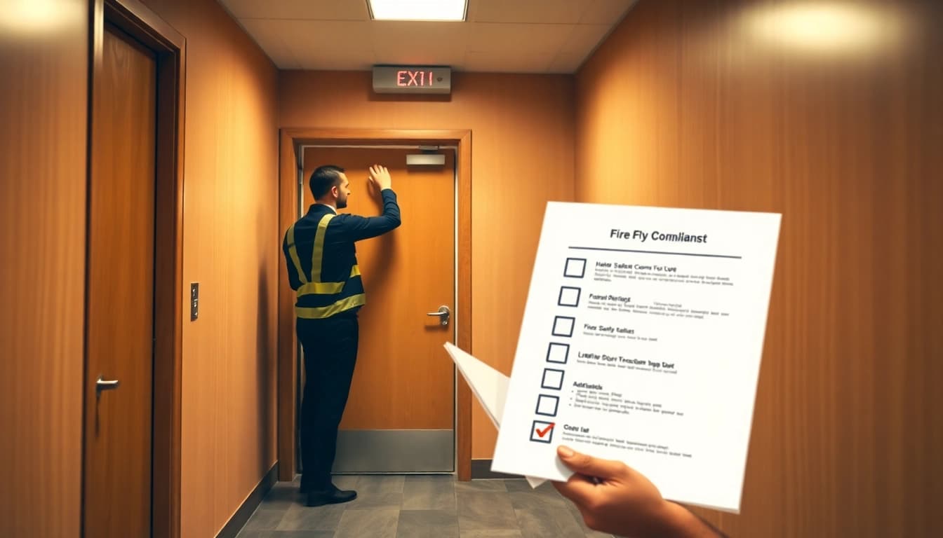 Prüfung Brandschutztüren durch einen Sachkundigen in einem hellen Flur mit einem Sicherheitscheck.