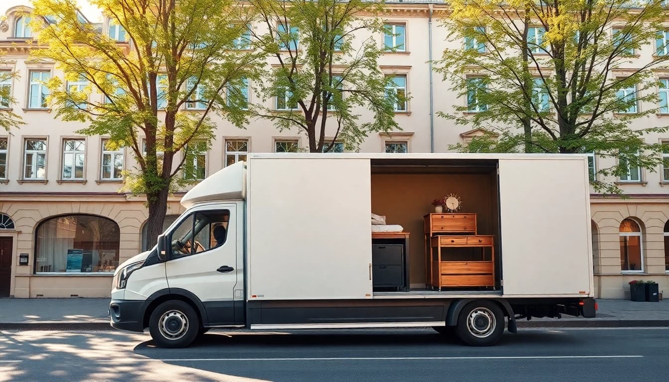 Professionelles Umzugsunternehmen aus Potsdam mit effizienten Umzugsfahrzeugen vor einem charmanten Altbau.