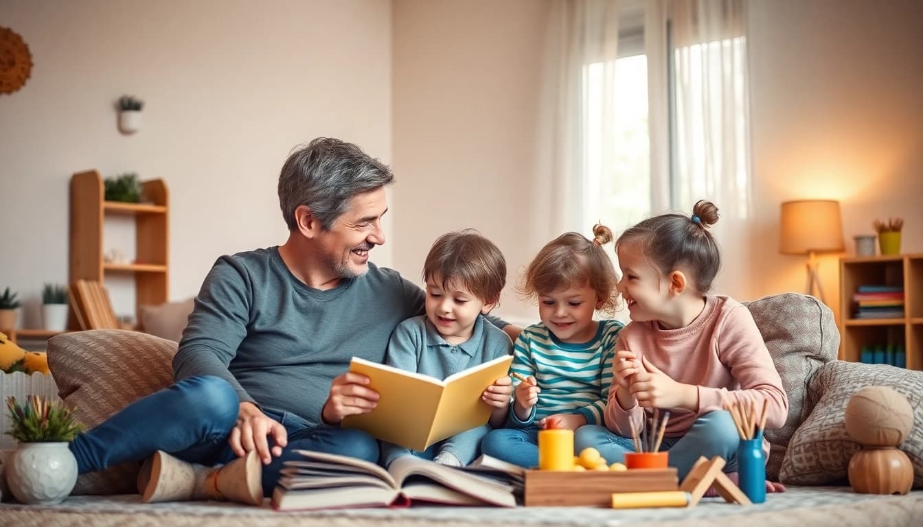 Kindererziehung: Eltern spielen und lernen mit ihren Kindern in einem harmonischen Familienzimmer.
