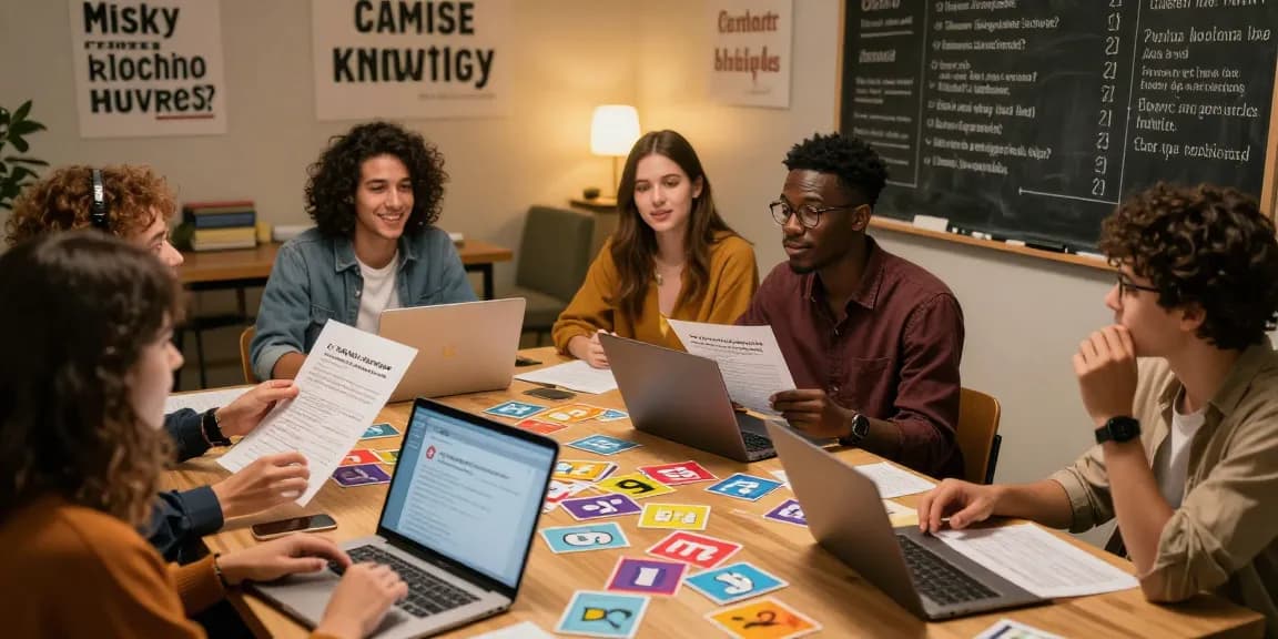 Spaß am Quiz Allgemeinwissen in geselliger Runde mit Freunden, Trivia-Karten und Laptop.