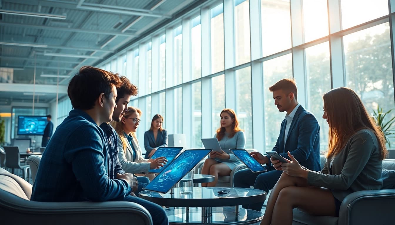 Young professionals collaborating in a futuristic workspace with 18+ ai technology