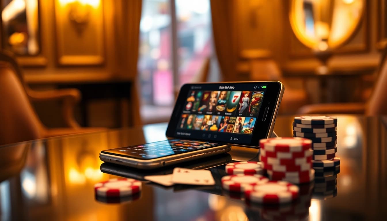 Erleben Sie die beste Online Casino App für Echtgeldspiele in Deutschland auf einem Smartphone, das in einem stilvollen Ambiente präsentiert wird.