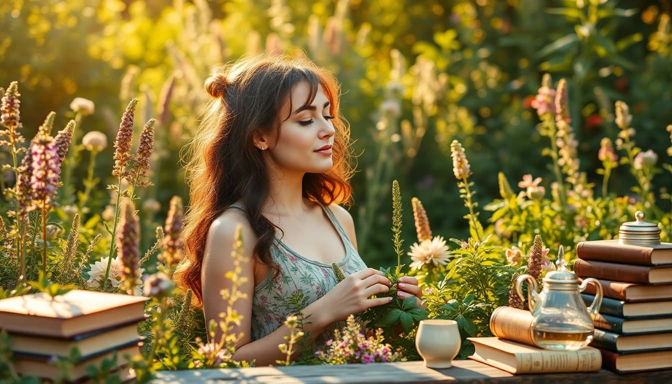 Kräuterheilkunde erleben: Eine Person riecht an Heilkräutern in einem botanischen Garten.