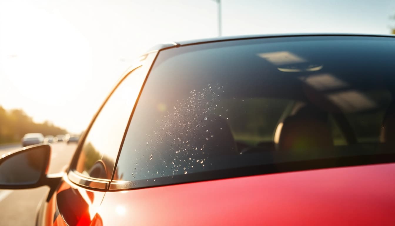 Scheibenreiniger Auto zeigt ein glänzendes Fahrzeug mit klaren Fenstern beim Putzen in einer sonnigen Straße.