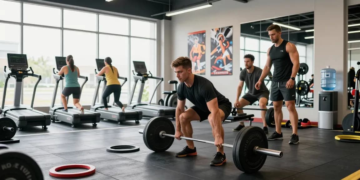 Anabolika Shop Deutschland zeigt eine moderne Trainingsszene im Fitnessstudio mit Athleten, die intensiv trainieren und sich auf den Muskelaufbau konzentrieren.