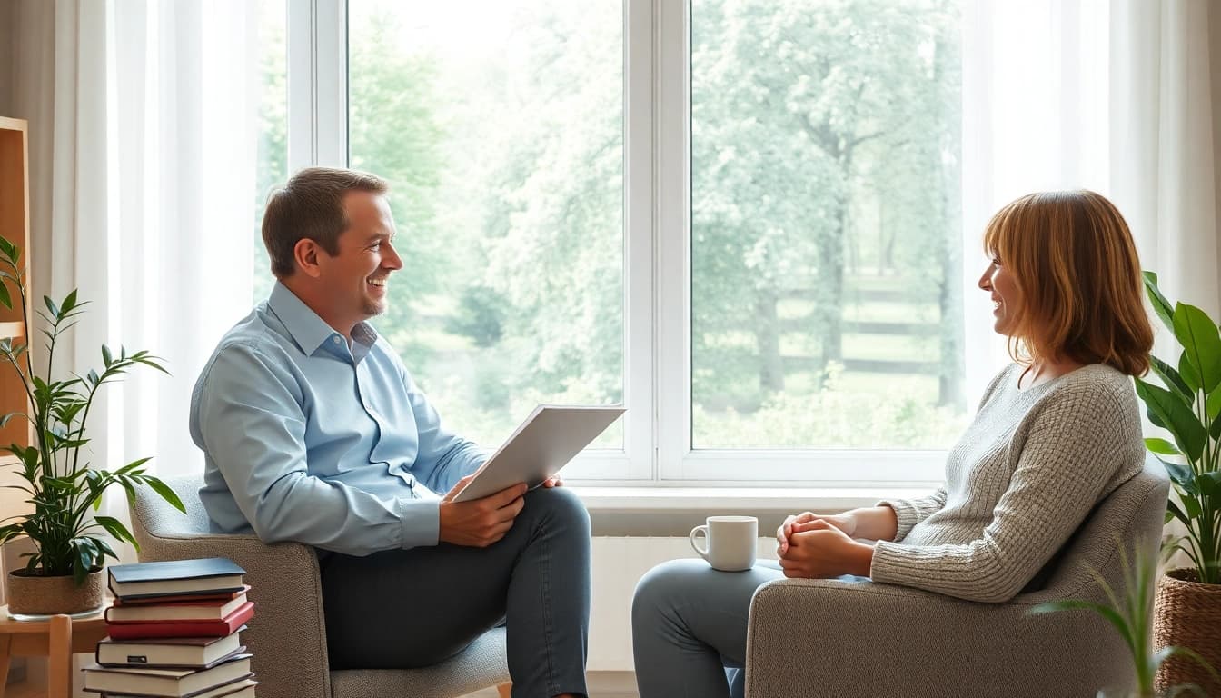 Coaching in Lebenskrisen: Coach und Klientin im Austausch in einladendem Raum.