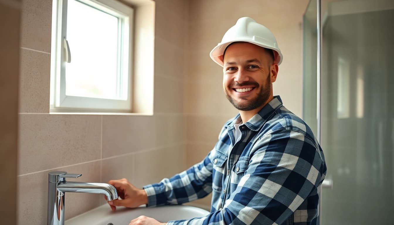 Professioneller Installateur Notdienst behebt Wasserleck in modernem Badezimmer.