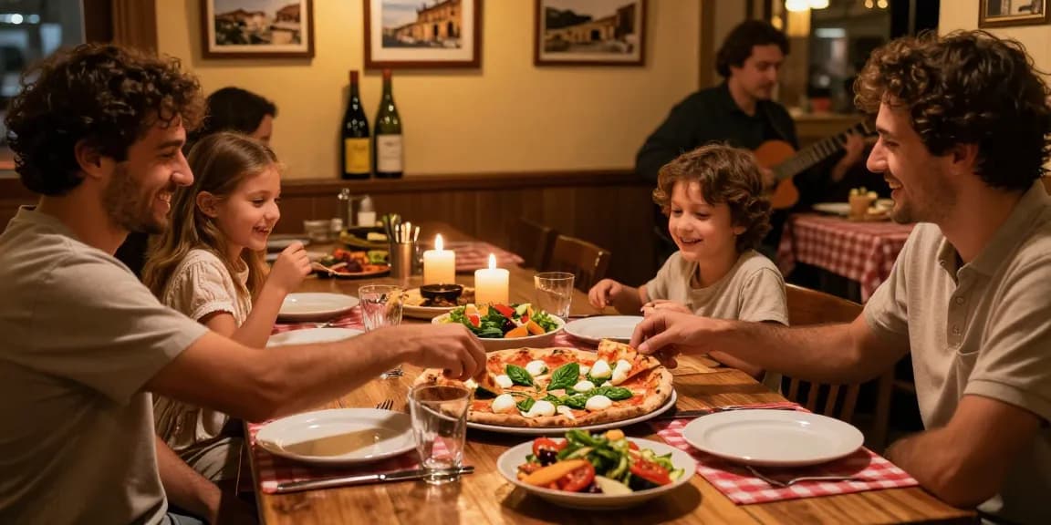 Family enjoying authentic Italian pizza and dishes at Pizzeria Madera, celebrating pg soft flavors in a cozy atmosphere.