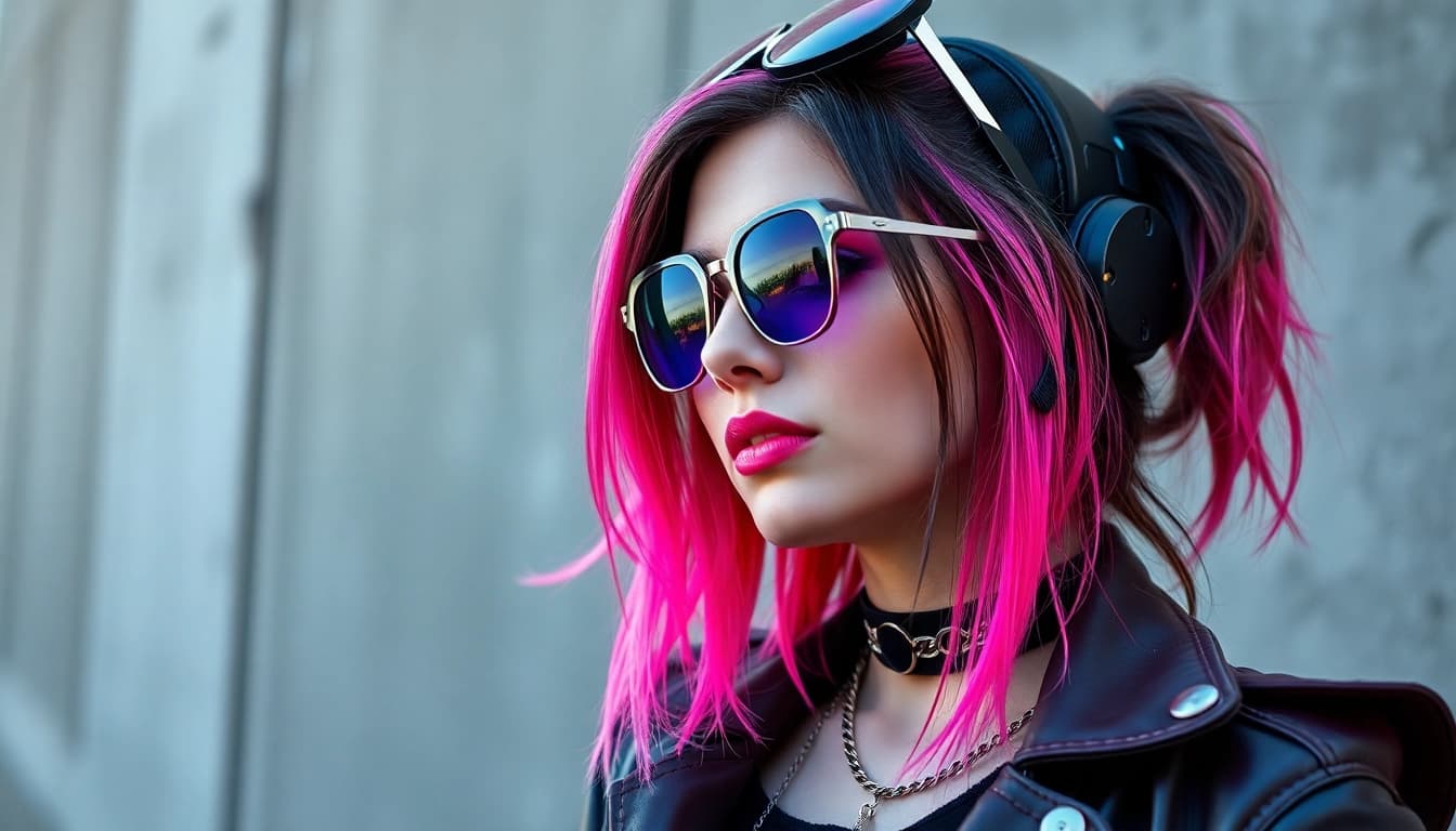 Gestalte ein einzigartiges E-Girl-Outfit für den Shop https://e-girl-style.de/ mit einem urbanen, trendigen Look und lebhaften Farben.