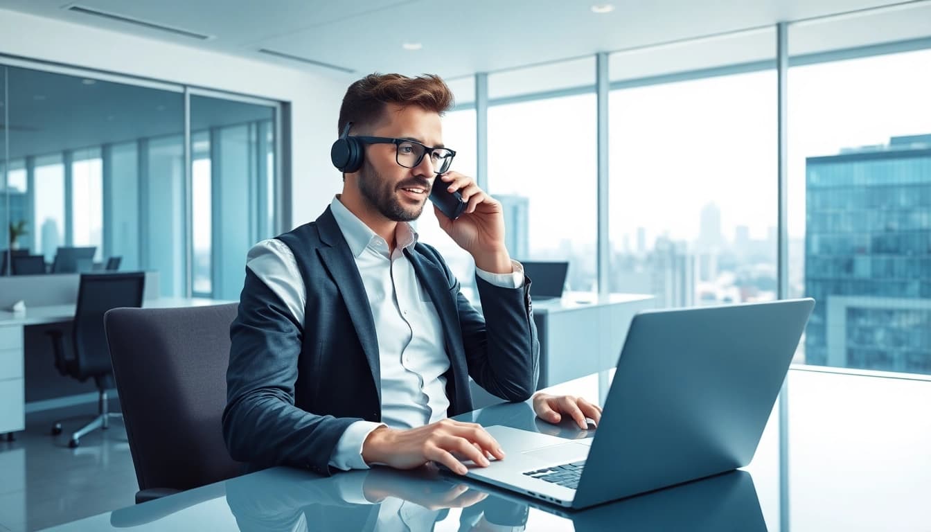 Headhunter CEO im modernen Büro, professionell am Telefon, dynamische Atmosphäre.