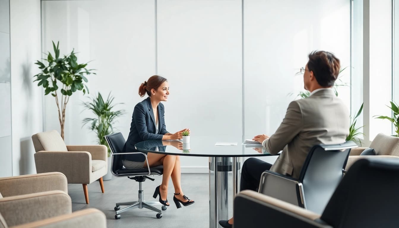 Ein Personalvermittler bespricht mit Bewerbern erfolgreich Optionen in einem modernen Büro, was Personalvermittlung zeigt.