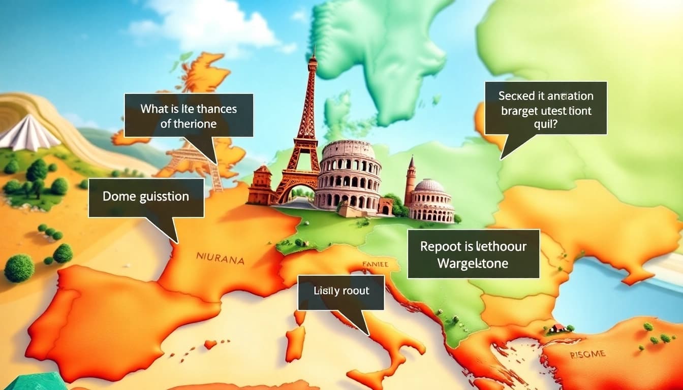 Interaktive Europa Quiz Abschnitte mit markanten Wahrzeichen und lebendigen Farben.