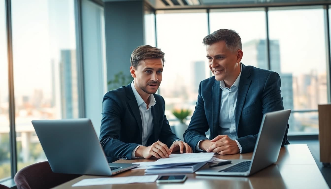 Immobilienmakler Frankfurt Dornbusch diskutiert mit Klienten professionell in modernem Büro.