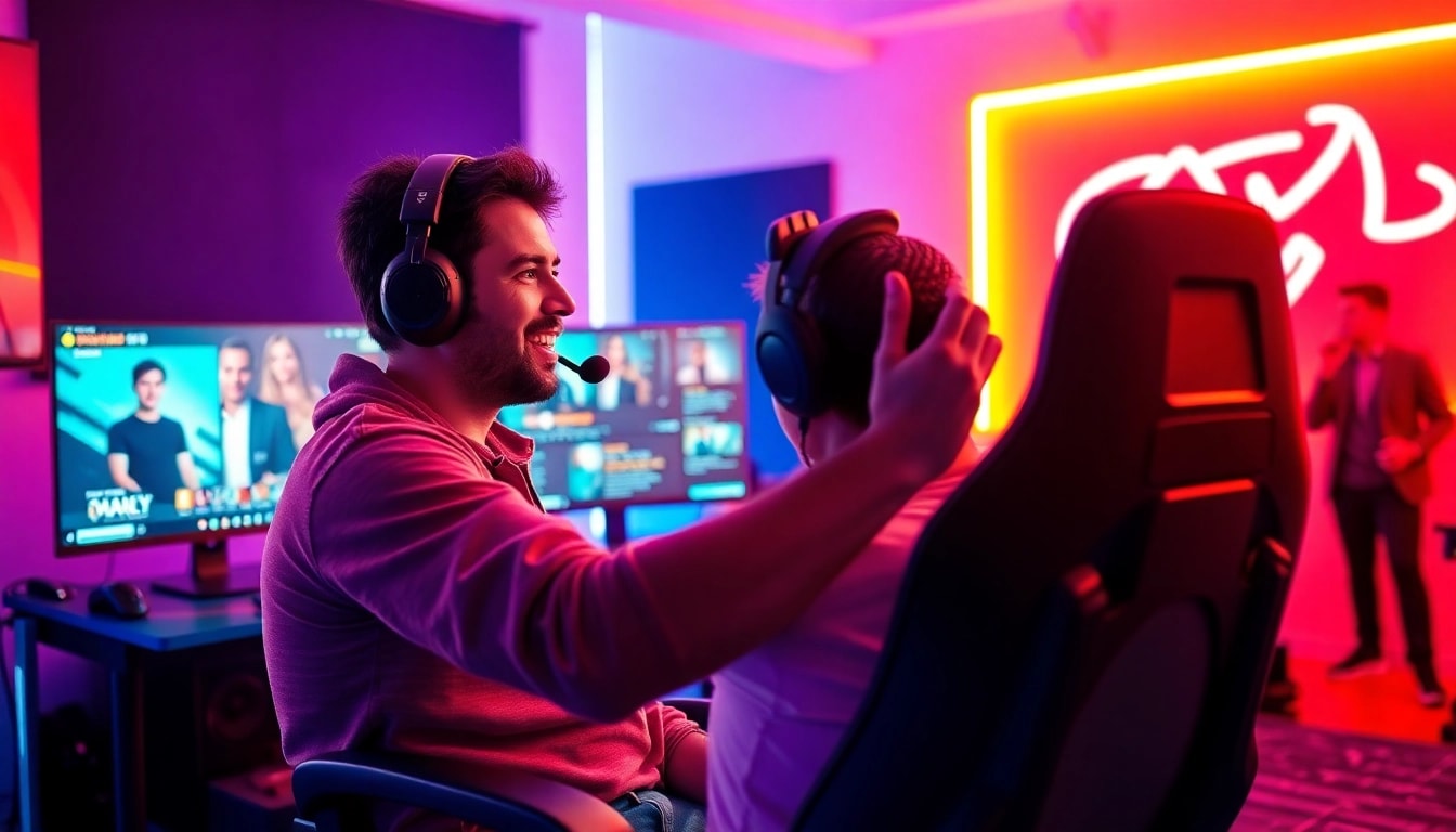 Twitch Streamer Österreich zeigt eine lebendige Interaktion mit dem Publikum in einem hellen Gaming-Setup.