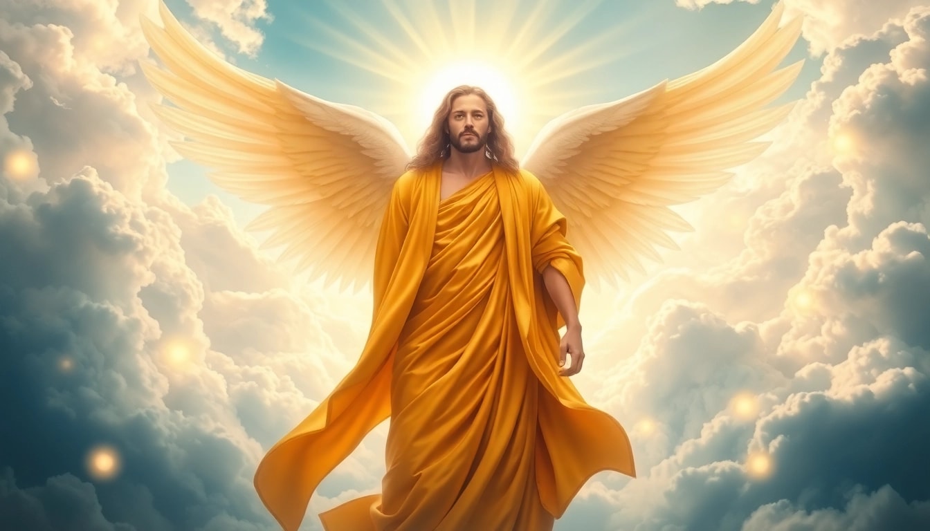 Erzengel Uriel leuchtet in majestätischer Pose über einer himmlischen Landschaft.