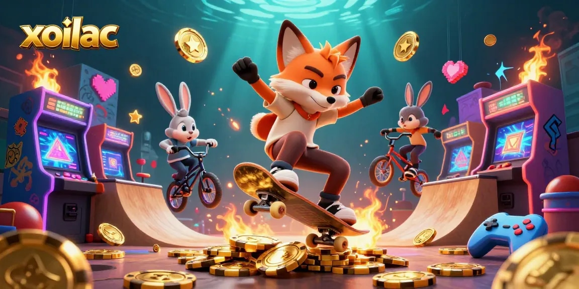 Experience thrilling gameplay at xoilac with a vibrant, energetic illustration of cartoon characters in a casino-themed arcade.