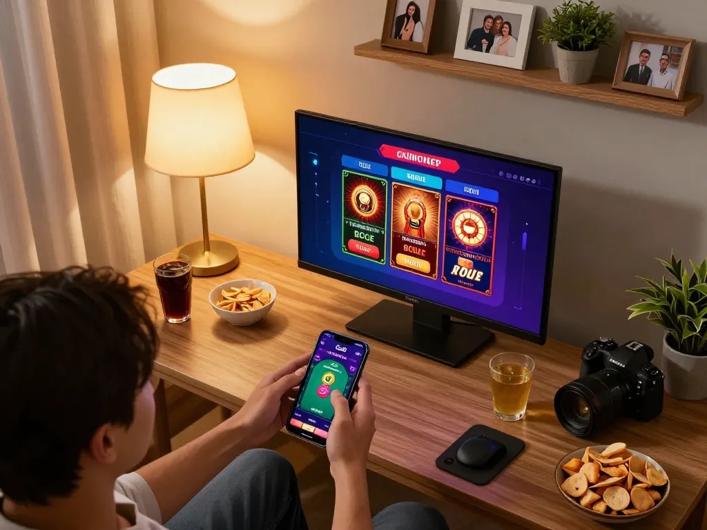 Engaging interaction with Go8 mobile app on smartphone during a cozy home gaming session.