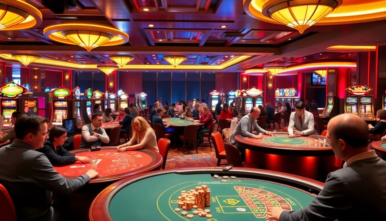 Exciting casino scene showcasing players enjoying games at 888NEW with vibrant slot machines and professional dealers.