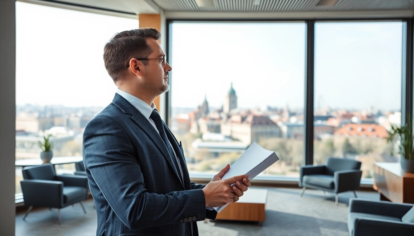Headhunter Wolfsburg in modernem Büro mit Stadtblick, selbstbewusst und professionell.