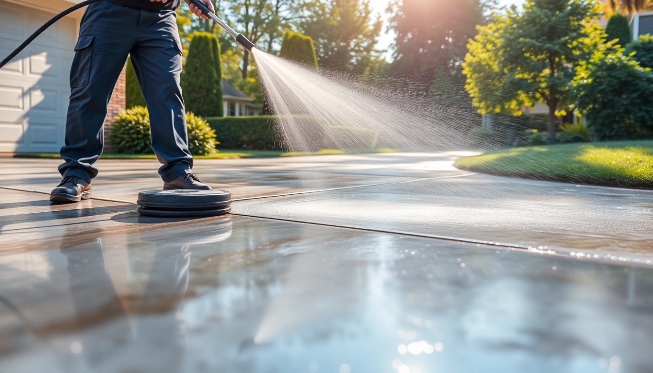 Driveway pressure wash service in action, showcasing a technician cleaning a concrete driveway.
