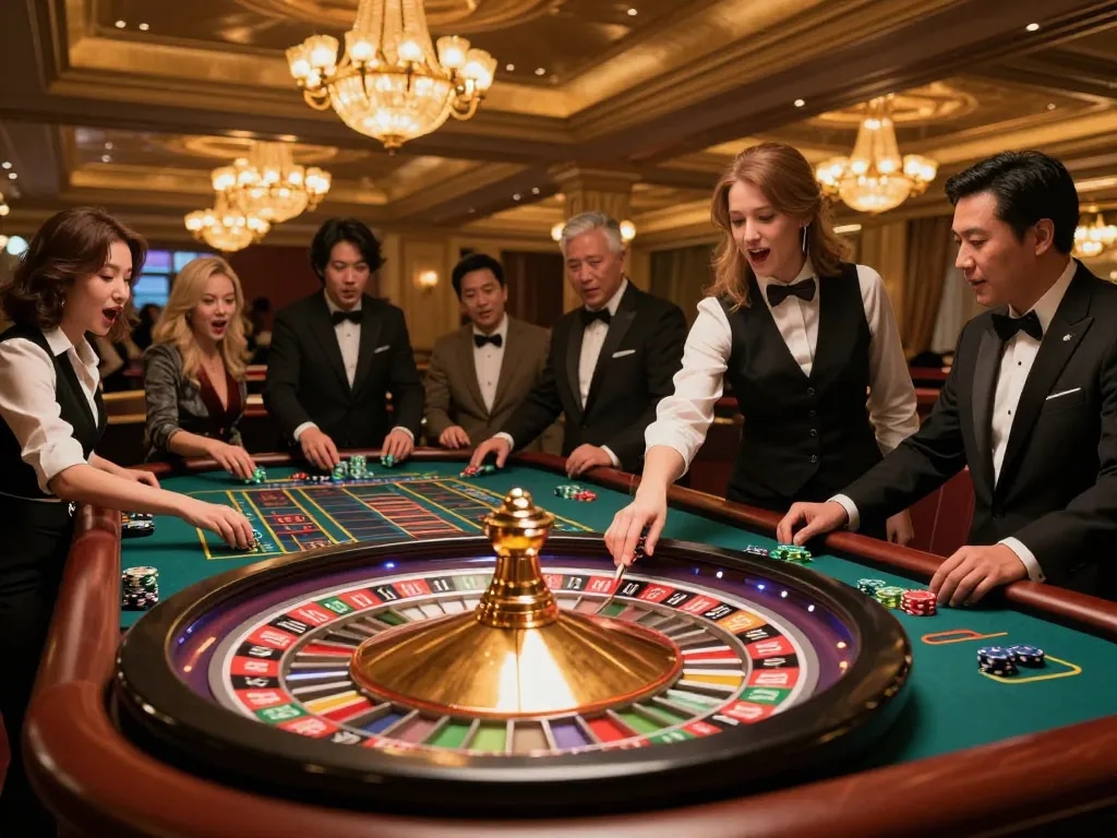 Players strategizing their bets on nohu roulette table in upscale casino.