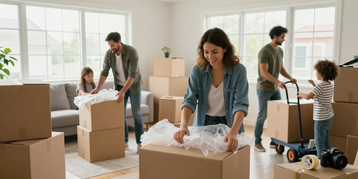 Umzugsunternehmen Bruchsal: Familie verpackt Umzugskartons im hellen Wohnzimmer.