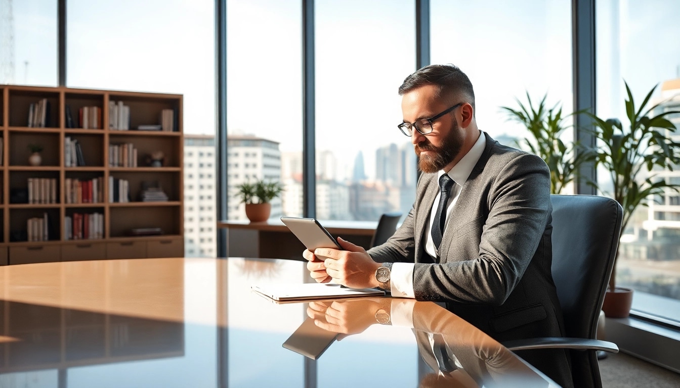 Professioneller Headhunter in einem modernen Büro in Essen mit Tablet im Gespräch.