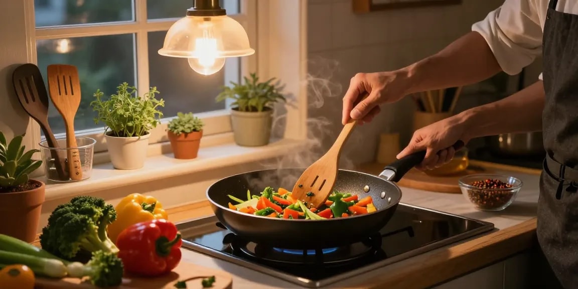 PTFE freie Pfanne mit frischem Gemüse auf der Arbeitsplatte in einladender, gemütlicher Küche.