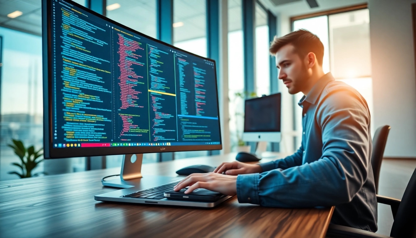 Professionelle Shopware Plugin Entwicklung in einem modernen Büro mit lebendigen Farben.