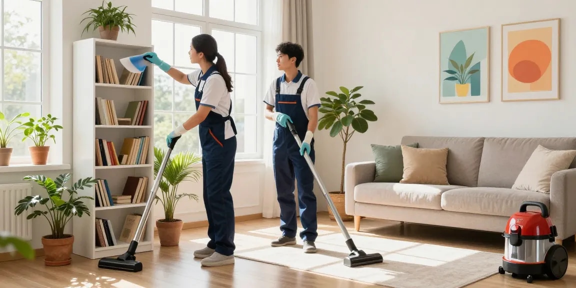 Professional cleaner demonstrating a reinigung offerte in a bright, tidy living room.