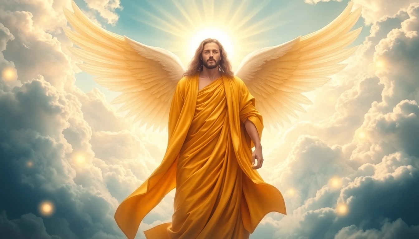 Erzengel Uriel leuchtet in majestätischer Pose über einer himmlischen Landschaft.