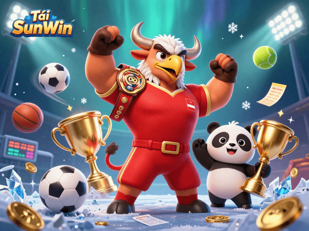 Engage in exciting gameplay with Tải SunWin, featuring a bold bull, eagle, and panda amidst dynamic sports symbols.
