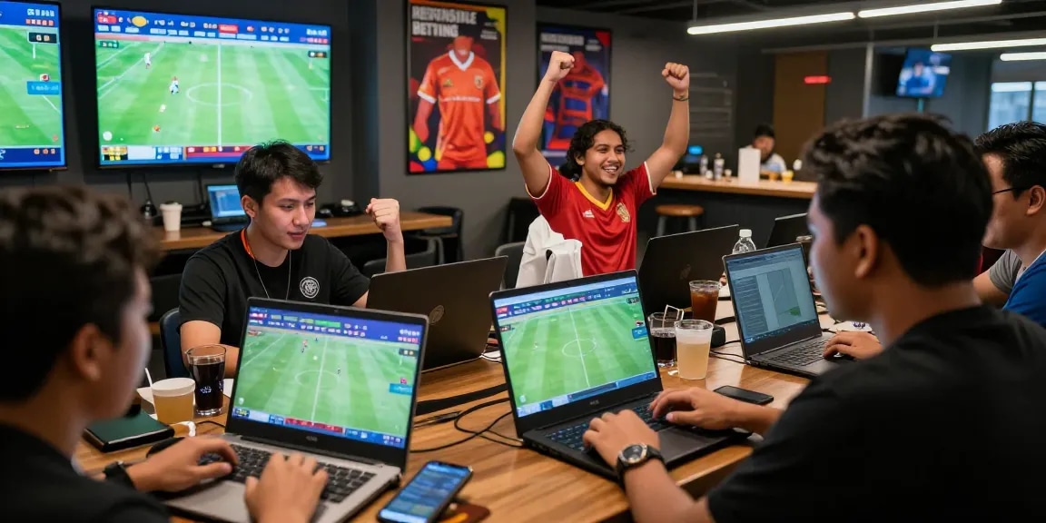 Suasana taruhan bola di platform online dengan pemain merayakan kemenangan.