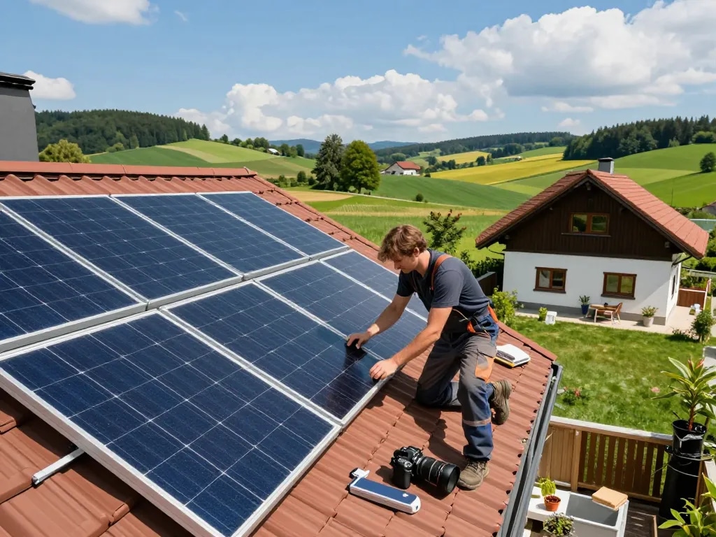 Installation von Photovoltaik in Bayern, die Techniker zeigt, die Solarpanels auf dem Dach eines Familienhauses anbringen.