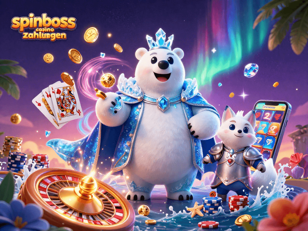 Spinboss casino zahlungen optimieren: 3D-Darstellung mit Königspolarbär und spielenden Karten