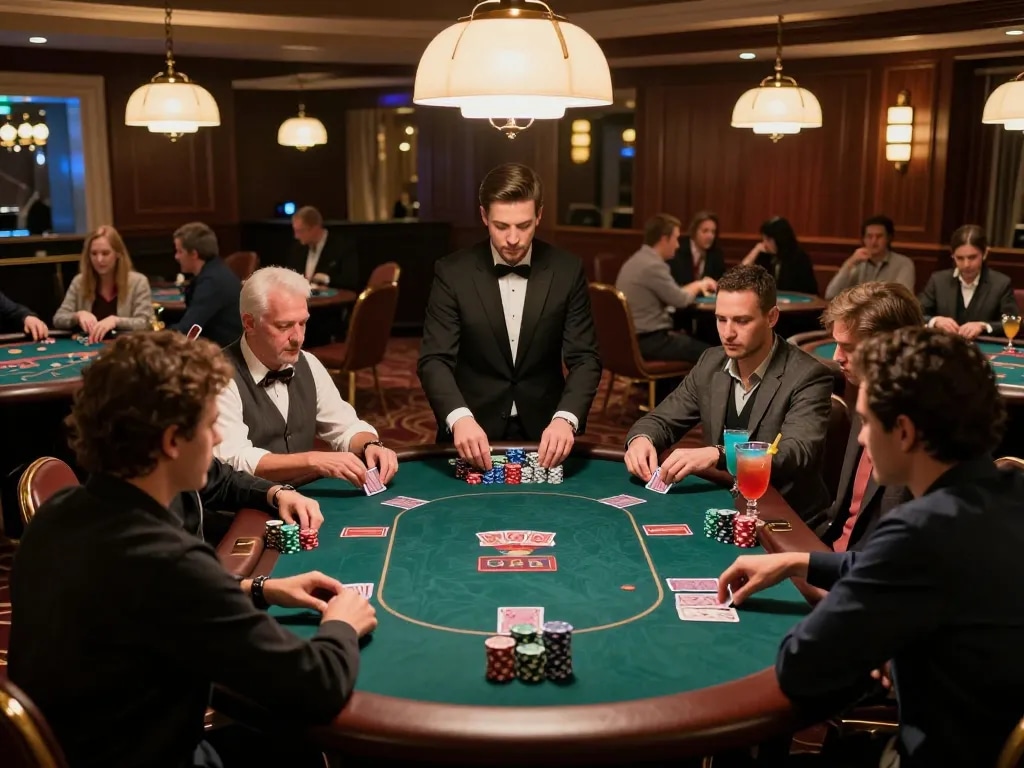Engaged players at a poker table during a high-stakes game at p789bet casino, showcasing a vibrant atmosphere.