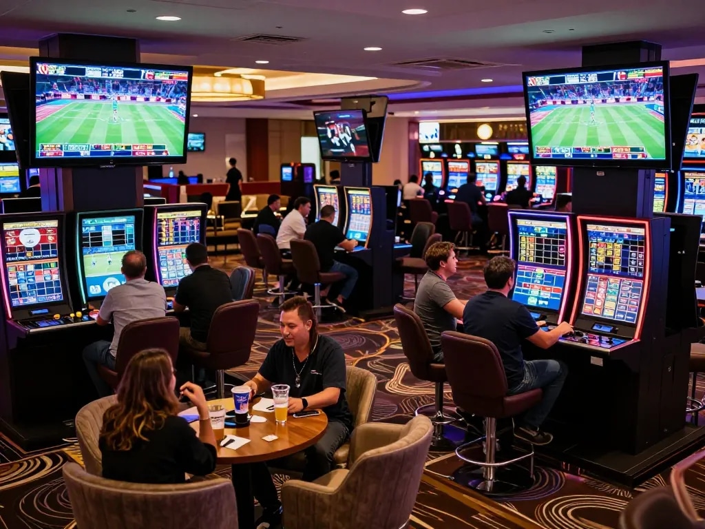 Place bets using soi kèo at a vibrant sports betting lounge with fans and screens.