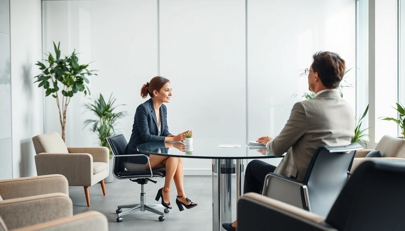 Ein Personalvermittler bespricht mit Bewerbern erfolgreich Optionen in einem modernen Büro, was Personalvermittlung zeigt.