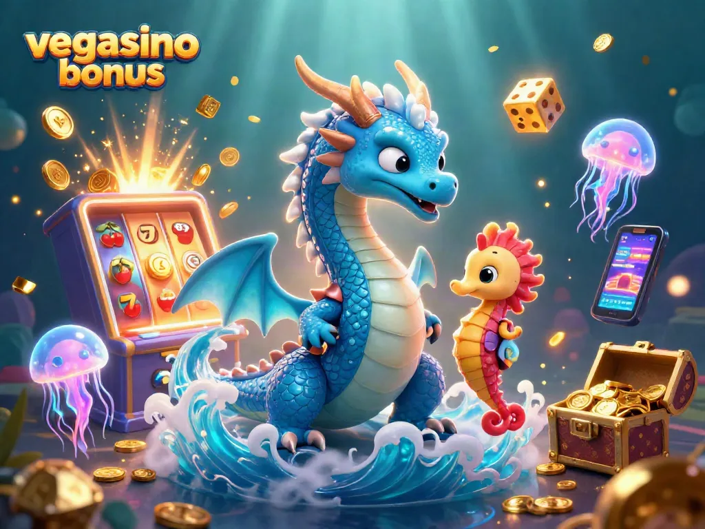 Engage with the vibrant vegasino bonus featuring a majestic azure water dragon amidst a jackpot explosion scene.