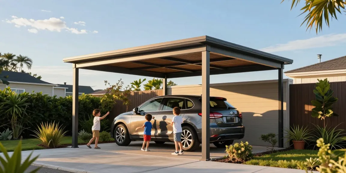 Moderne Carport-Design mit spielenden Kindern und einem Auto im Garten.